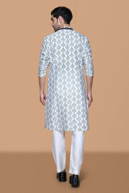 Shop Sanjev Marwaaha Ivory Cotton, Silk Embroidery Handblock Print Kurta With Pant at Aza Fashions Shop_Sanjev Marwaaha_Ivory Cotton, Silk Embroidery Handblock Print Kurta With Pant_at_Aza_Fashions