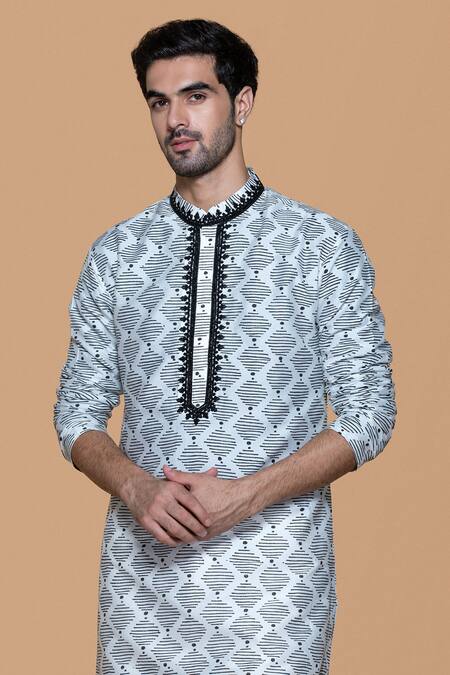 Sanjev Marwaaha Ivory Cotton, Silk Embroidery Handblock Print Kurta With Pant Online at Aza Fashions Sanjev Marwaaha_Ivory Cotton, Silk Embroidery Handblock Print Kurta With Pant_Online_at_Aza_Fashions