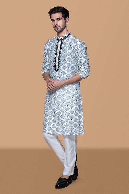 Shop Sanjev Marwaaha Ivory Cotton, Silk Embroidery Handblock Print Kurta With Pant Online at Aza Fashions Shop_Sanjev Marwaaha_Ivory Cotton, Silk Embroidery Handblock Print Kurta With Pant_Online_at_Aza_Fashions