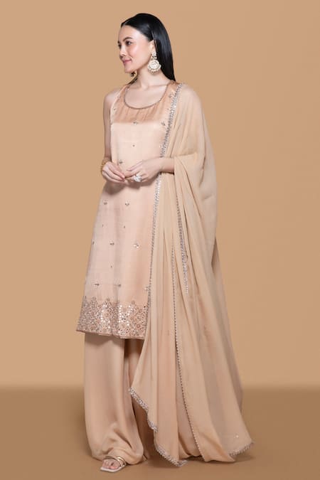 Shop Sanjev Marwaaha Beige Georgette, Modal Mirrors, Beads, Zari, Embroidered Kurta Palazzo Set at Aza Fashions Shop_Sanjev Marwaaha_Beige Georgette, Modal Mirrors, Beads, Zari, Embroidered Kurta Palazzo Set_at_Aza_Fashions