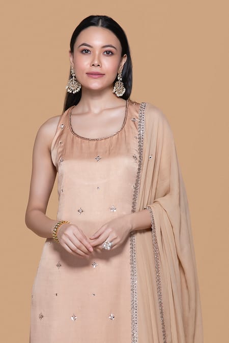 Sanjev Marwaaha Beige Georgette, Modal Mirrors, Beads, Zari, Embroidered Kurta Palazzo Set Online at Aza Fashions Sanjev Marwaaha_Beige Georgette, Modal Mirrors, Beads, Zari, Embroidered Kurta Palazzo Set_Online_at_Aza_Fashions