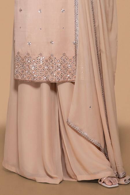 Buy Sanjev Marwaaha Beige Georgette, Modal Mirrors, Beads, Zari, Embroidered Kurta Palazzo Set Online at Aza Fashions Buy_Sanjev Marwaaha_Beige Georgette, Modal Mirrors, Beads, Zari, Embroidered Kurta Palazzo Set_Online_at_Aza_Fashions