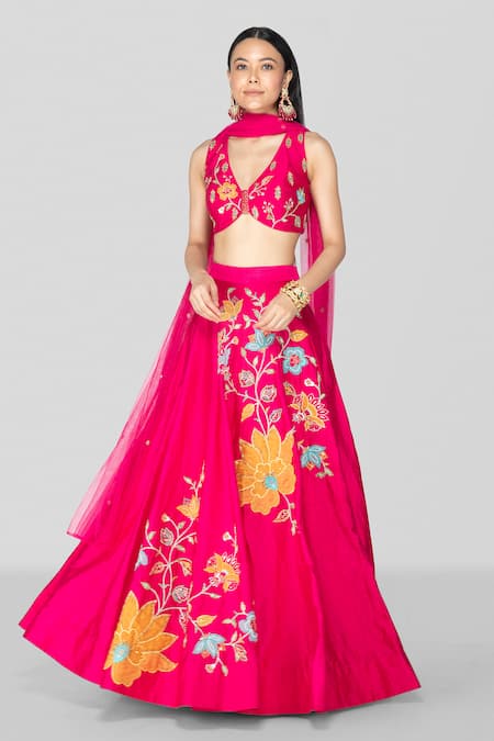 Sanjev Marwaaha Floral Applique Embroidered Lehenga Set 