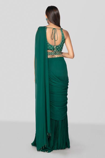Shop Sanjev Marwaaha Emerald Green Georgette, Modal Embroidery, Zardozi Blouse And Pre-draped Saree at Aza Fashions Shop_Sanjev Marwaaha_Emerald Green Georgette, Modal Embroidery, Zardozi Blouse And Pre-draped Saree_at_Aza_Fashions