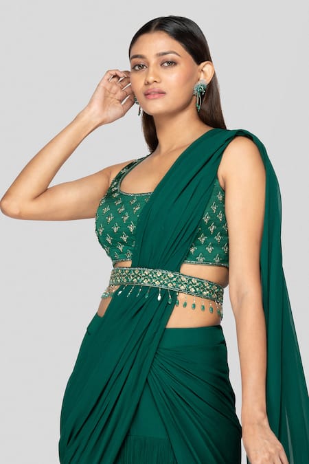 Sanjev Marwaaha Emerald Green Georgette, Modal Embroidery, Zardozi Blouse And Pre-draped Saree Online at Aza Fashions Sanjev Marwaaha_Emerald Green Georgette, Modal Embroidery, Zardozi Blouse And Pre-draped Saree_Online_at_Aza_Fashions