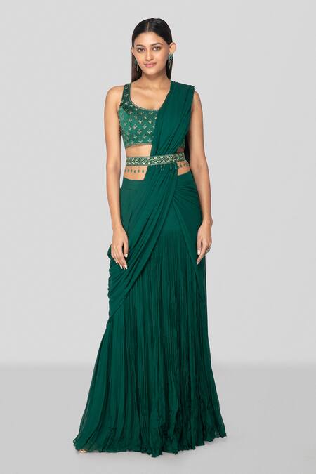 Buy Sanjev Marwaaha Emerald Green Georgette, Modal Embroidery, Zardozi Blouse And Pre-draped Saree Online at Aza Fashions Buy_Sanjev Marwaaha_Emerald Green Georgette, Modal Embroidery, Zardozi Blouse And Pre-draped Saree_Online_at_Aza_Fashions
