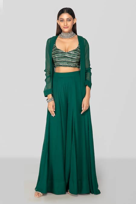 Sanjev Marwaaha Emerald Green Modal Embroidered Zari Jacket Open Bead Blouse Sharara Set 