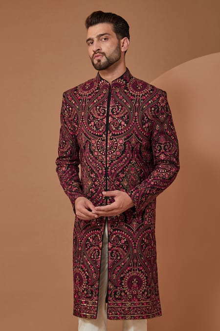 Kasbah_Black Georgette Embroidery Sherwani And Pant Set_Online_at_Aza_Fashions