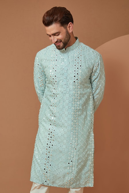 Kasbah_Blue Silk Mirrors, Embroidery Kurta And Pant Set _Online_at_Aza_Fashions