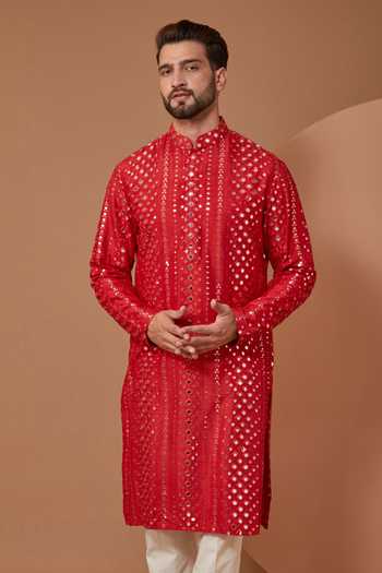 Kasbah Red Silk Mirrors, Embroidery Thread Work Kurta And Pant Set Online at Aza Fashions Kasbah_Red Silk Mirrors, Embroidery Thread Work Kurta And Pant Set _Online_at_Aza_Fashions