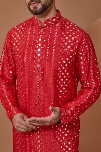 Buy Kasbah Red Silk Mirrors, Embroidery Thread Work Kurta And Pant Set Online at Aza Fashions Buy_Kasbah_Red Silk Mirrors, Embroidery Thread Work Kurta And Pant Set _Online_at_Aza_Fashions