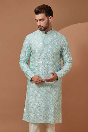 Kasbah_Blue Silk, Cotton Mirrors, Embroidery Mandarin Collar Kurta And Pant Set _Online_at_Aza_Fashions