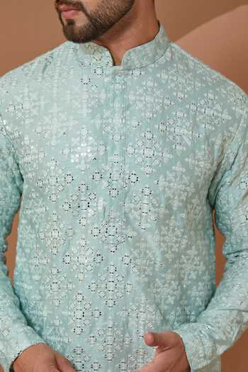Buy_Kasbah_Blue Silk, Cotton Mirrors, Embroidery Mandarin Collar Kurta And Pant Set _Online_at_Aza_Fashions