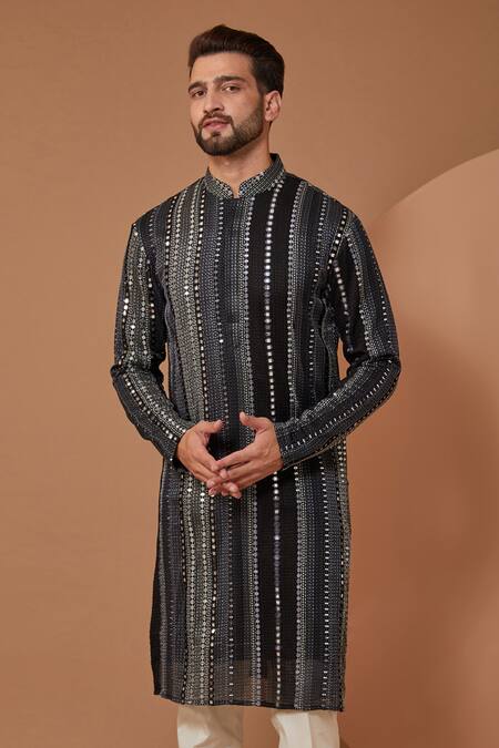 Kasbah_Black Georgette Mirrors, Embroidery Thread Mandarin Collar Kurta And Pant Set _Online_at_Aza_Fashions
