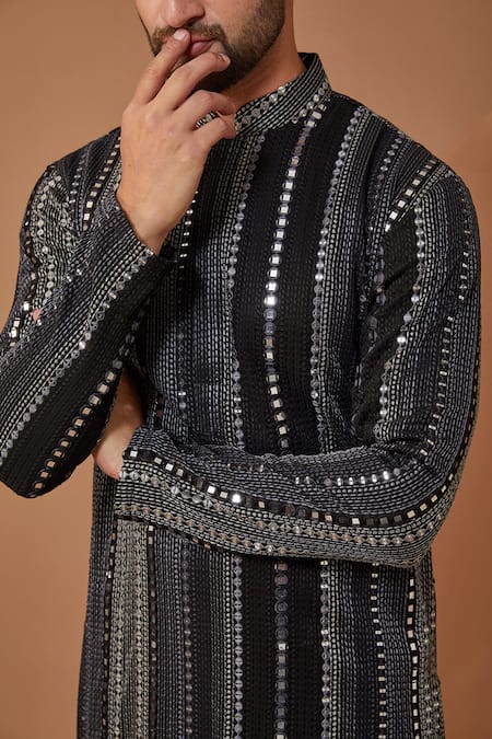 Buy_Kasbah_Black Georgette Mirrors, Embroidery Thread Mandarin Collar Kurta And Pant Set _Online_at_Aza_Fashions