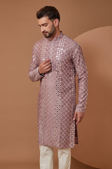 Kasbah Purple Silk Mirrors, Embroidery Work Mandarin Collar Kurta And Pant Set Online at Aza Fashions Kasbah_Purple Silk Mirrors, Embroidery Work Mandarin Collar Kurta And Pant Set _Online_at_Aza_Fashions
