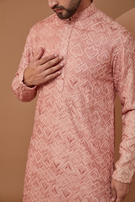 Buy_Kasbah_Peach Silk Embroidery Thread Work Kurta And Pant Set _Online_at_Aza_Fashions