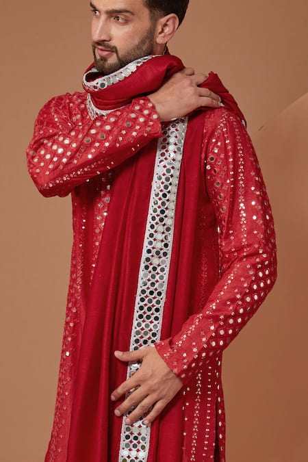 Shop_Kasbah_Red Silk Mirrors, Embroidery Kurta Set _at_Aza_Fashions