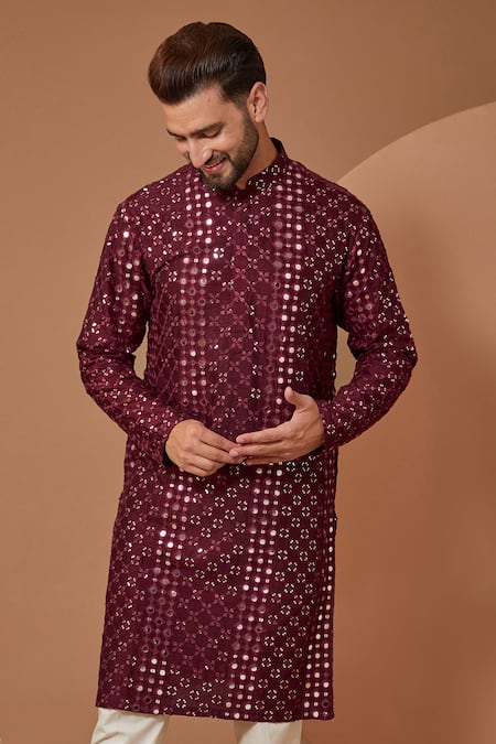 Kasbah_Wine Silk Mirrors, Embroidery Work Kurta And Pant Set _Online_at_Aza_Fashions