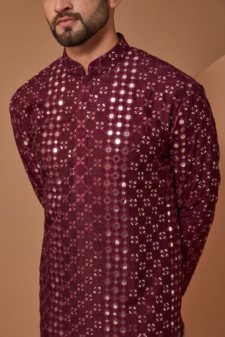 Buy_Kasbah_Wine Silk Mirrors, Embroidery Work Kurta And Pant Set _Online_at_Aza_Fashions