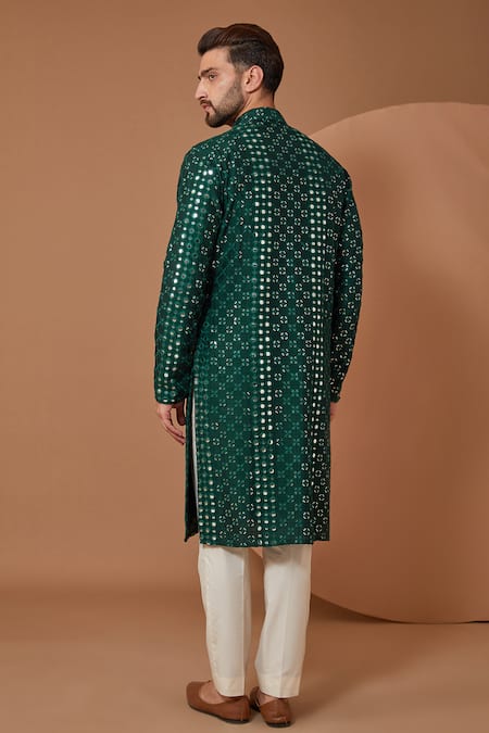 Shop Kasbah Green Silk Mirrors, Embroidery Thread Kurta And Pant Set at Aza Fashions Shop_Kasbah_Green Silk Mirrors, Embroidery Thread Kurta And Pant Set _at_Aza_Fashions