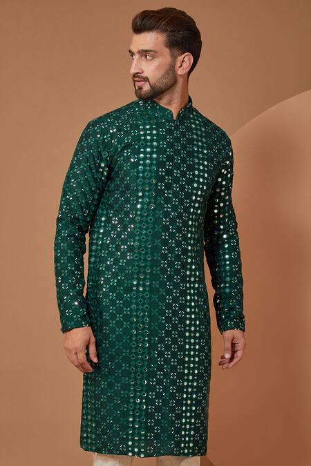 Kasbah Green Silk Mirrors, Embroidery Thread Kurta And Pant Set Online at Aza Fashions Kasbah_Green Silk Mirrors, Embroidery Thread Kurta And Pant Set _Online_at_Aza_Fashions