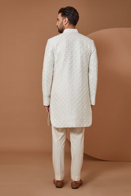 Shop_Kasbah_White Silk Embroidery Thread Work Sherwani Set _at_Aza_Fashions