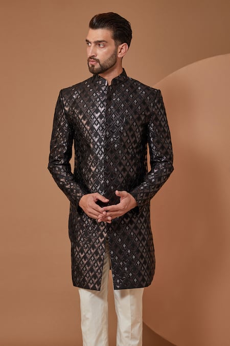 Buy Kasbah Black Silk, Cotton Embellished Sherwani Set Online at Aza Fashions Buy_Kasbah_Black Silk, Cotton Embellished Sherwani Set _Online_at_Aza_Fashions
