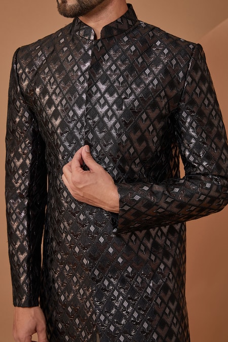 Shop Kasbah Black Silk, Cotton Embellished Sherwani Set Online at Aza Fashions Shop_Kasbah_Black Silk, Cotton Embellished Sherwani Set _Online_at_Aza_Fashions