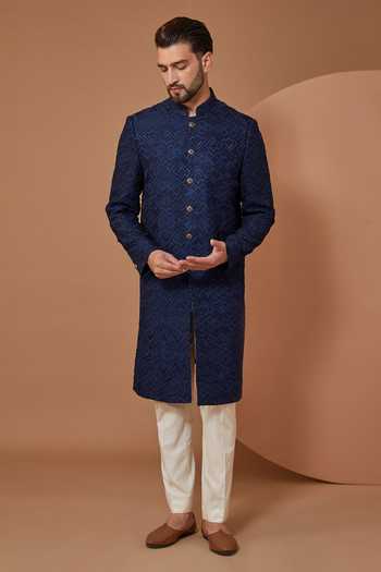Buy Kasbah Blue Silk, Cotton Geometric Thread Embroidered Sherwani Set at Aza Fashions Buy_Kasbah_Blue Silk, Cotton Geometric Thread Embroidered Sherwani Set _at_Aza_Fashions
