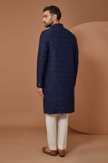 Shop Kasbah Blue Silk, Cotton Geometric Thread Embroidered Sherwani Set at Aza Fashions Shop_Kasbah_Blue Silk, Cotton Geometric Thread Embroidered Sherwani Set _at_Aza_Fashions