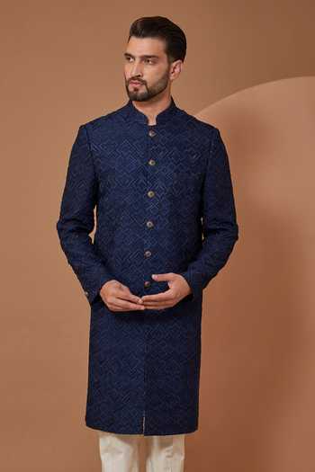 Buy Kasbah Blue Silk, Cotton Geometric Thread Embroidered Sherwani Set Online at Aza Fashions Buy_Kasbah_Blue Silk, Cotton Geometric Thread Embroidered Sherwani Set _Online_at_Aza_Fashions