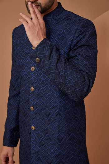 Shop Kasbah Blue Silk, Cotton Geometric Thread Embroidered Sherwani Set Online at Aza Fashions Shop_Kasbah_Blue Silk, Cotton Geometric Thread Embroidered Sherwani Set _Online_at_Aza_Fashions