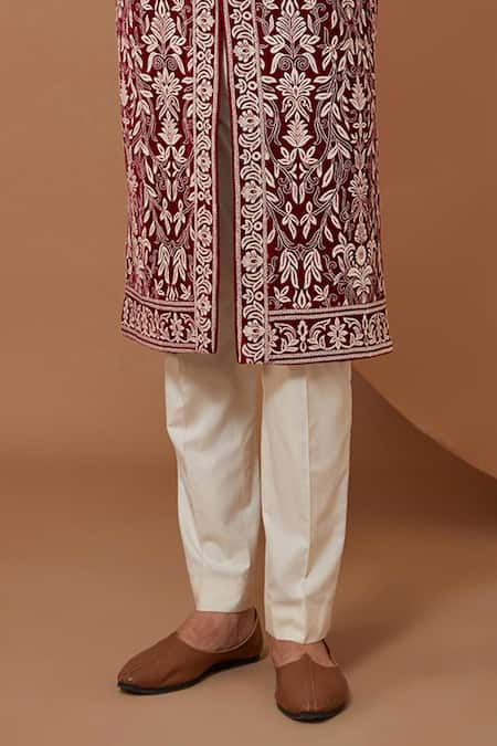 Kasbah_Maroon Velvet, Cotton Embroidery Jamawar Sherwani Set _Online_at_Aza_Fashions