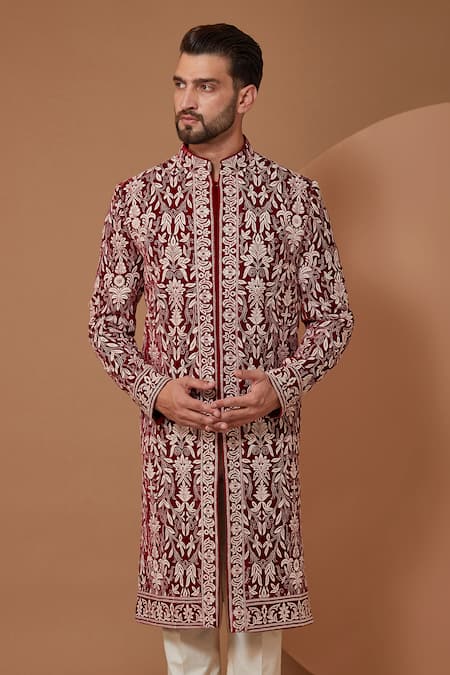 Buy_Kasbah_Maroon Velvet, Cotton Embroidery Jamawar Sherwani Set _Online_at_Aza_Fashions