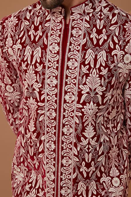 Shop_Kasbah_Maroon Velvet, Cotton Embroidery Jamawar Sherwani Set _Online_at_Aza_Fashions