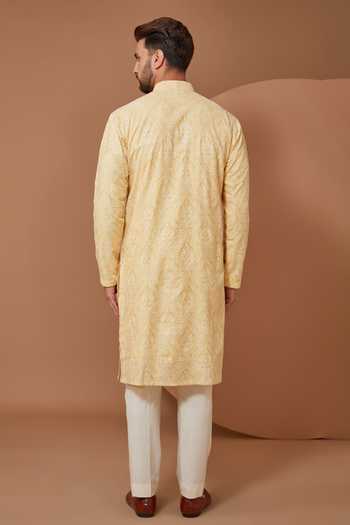 Shop Kasbah Yellow Chanderi Embroidery Thread Kurta Set at Aza Fashions Shop_Kasbah_Yellow Chanderi Embroidery Thread Kurta Set _at_Aza_Fashions