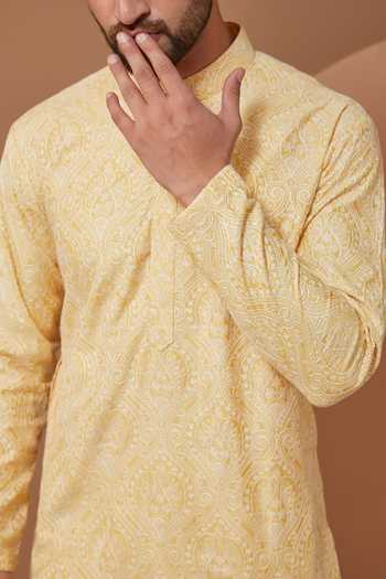 Shop Kasbah Yellow Chanderi Embroidery Thread Kurta Set Online at Aza Fashions Shop_Kasbah_Yellow Chanderi Embroidery Thread Kurta Set _Online_at_Aza_Fashions