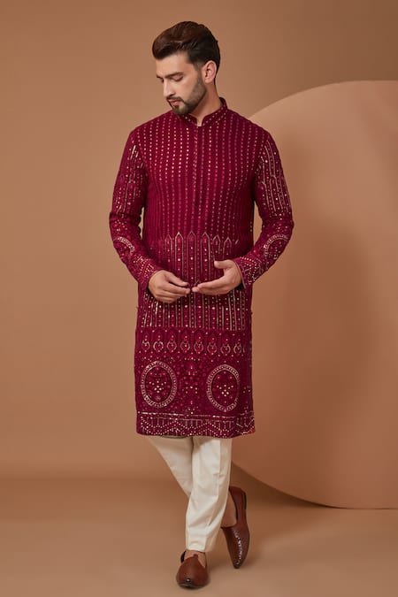 Kasbah Maroon Georgette Embroidered Floral Dua Tone Kurta Set