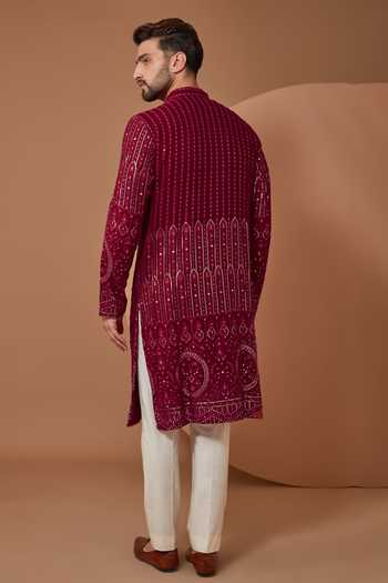 Shop Kasbah Maroon Georgette, Cotton Sequins, Embroidery Dua Tone Kurta Set at Aza Fashions Shop_Kasbah_Maroon Georgette, Cotton Sequins, Embroidery Dua Tone Kurta Set _at_Aza_Fashions