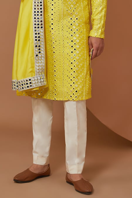 Kasbah_Yellow Silk Mirrors Embroidered Kurta Set With Stole _Online_at_Aza_Fashions