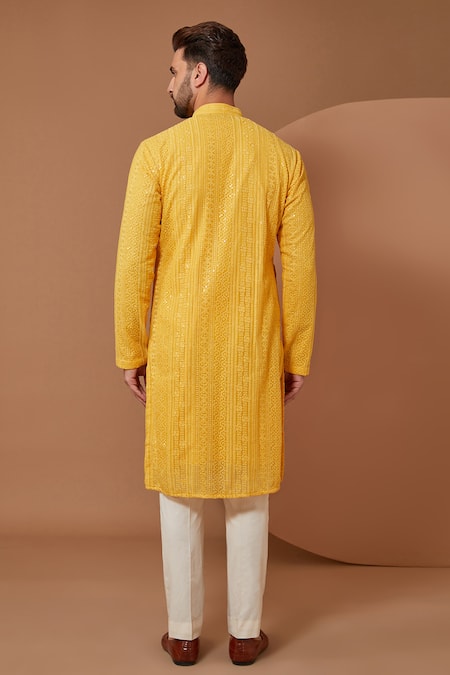 Shop Kasbah Yellow Georgette Embroidery, Sequins Chikankari And Kurta Set at Aza Fashions Shop_Kasbah_Yellow Georgette Embroidery, Sequins Chikankari And Kurta Set _at_Aza_Fashions