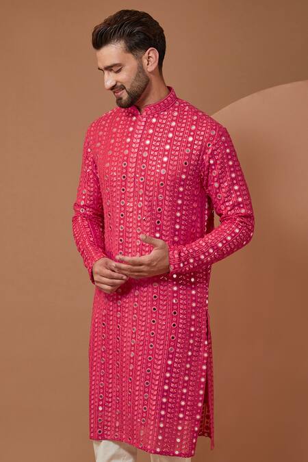 Kasbah_Pink Georgette Mirrors, Embroidery Work Kurta Set _Online_at_Aza_Fashions
