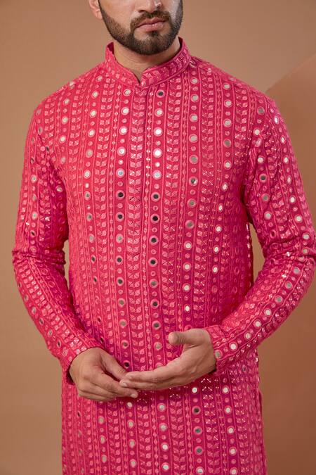 Buy_Kasbah_Pink Georgette Mirrors, Embroidery Work Kurta Set _Online_at_Aza_Fashions