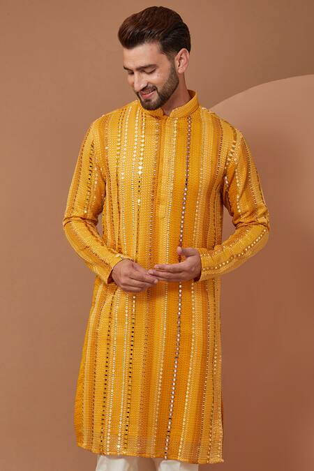 Kasbah_Yellow Georgette Mirrors Embroidered Kurta With Pant _Online_at_Aza_Fashions