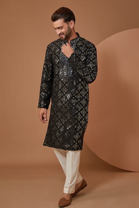 Kasbah_Black Silk Mirrors Embroidered Kurta With Pant _Online_at_Aza_Fashions