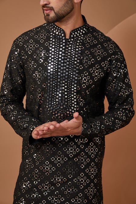 Buy_Kasbah_Black Silk Mirrors Embroidered Kurta With Pant _Online_at_Aza_Fashions