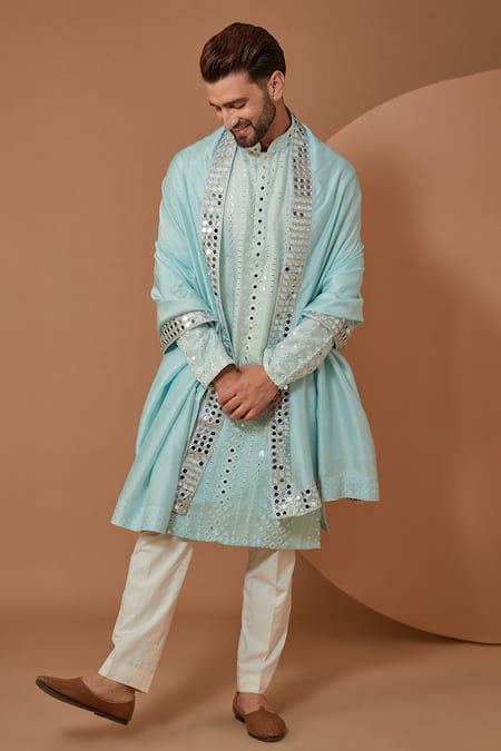 Kasbah_Blue Silk Mirrors Ombre Embroidered Kurta With Pant _Online_at_Aza_Fashions