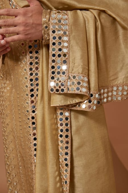 Shop Kasbah Beige Silk Mirrors Embroidered Straight Kurta Pant Set at Aza Fashions Shop_Kasbah_Beige Silk Mirrors Embroidered Straight Kurta Pant Set _at_Aza_Fashions