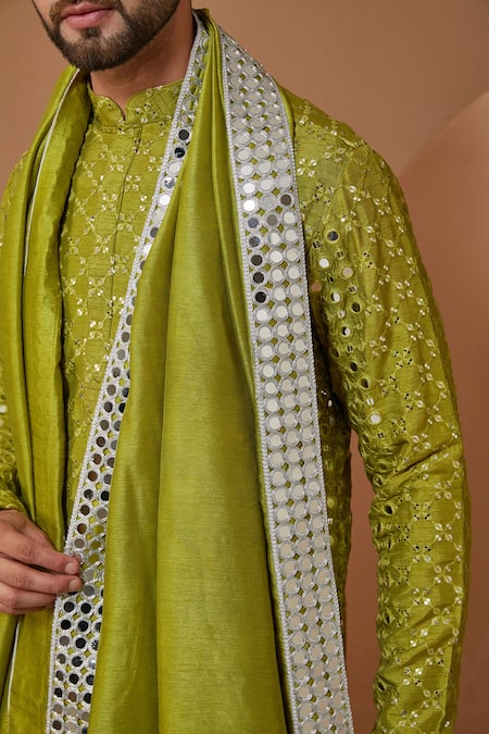 Shop Kasbah Green Silk Mirrors Embroidered Straight Kurta Pant Set at Aza Fashions Shop_Kasbah_Green Silk Mirrors Embroidered Straight Kurta Pant Set _at_Aza_Fashions